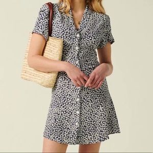 Blue White Floral Print Short Sleeve Button Down Mini Dress